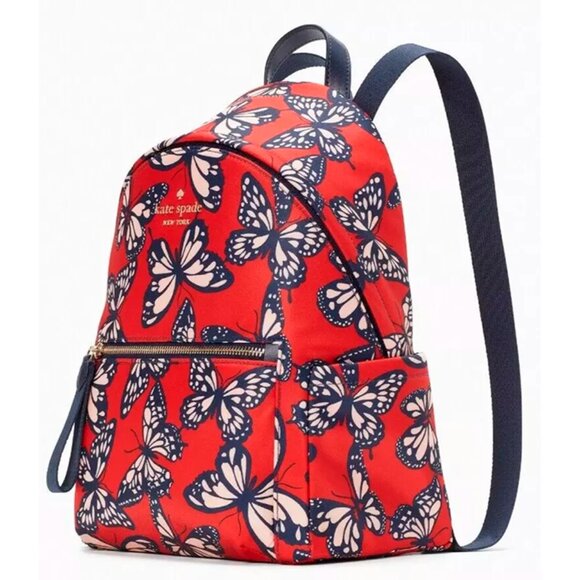 S Kate Spade Chelsea Nylon Medium Backpack Red Navy Butterflies KB591 NWT $299 - Picture 3 of 10